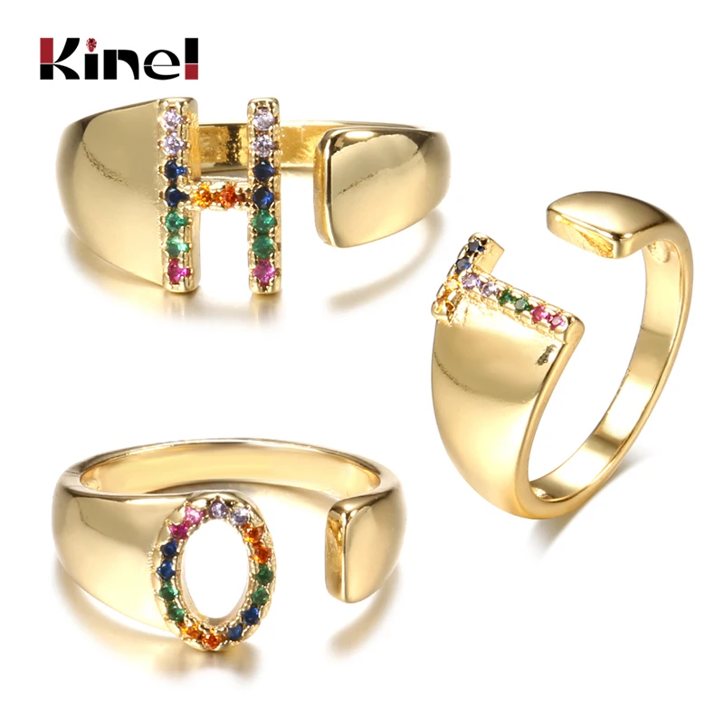 Kinel Hot Sale Adjustable A-Z Initial Ring Bohemian Copper Zircon Rainbow Letter Ring for Women Girls Party Wedding Jewelry Gift