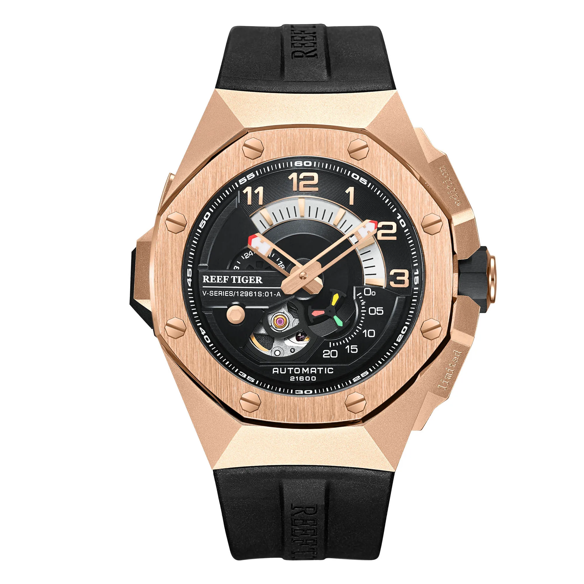 Reef Tiger Men Automatic Watch,Luxury Mens Watches 10Bar Waterproof Self Wind Mechanical Wristwatch Sekelton Luminous Sapphire