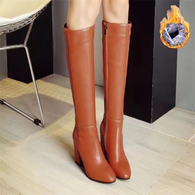 Women's High-Heeled Square Head And Thick Plush High Boots 2021 Winter New Simple Side Zipper Anti-Skid Thick Plush Boots