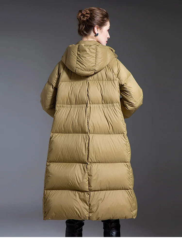 Frauen Winter Jacke Schwarz Puffer Lange Unten Jacke Zipper Kapuze Volle Hülse Mode mantel