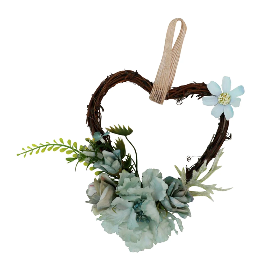 Shabby Chic Heart Rattan Artificial Rose Flower Wreath with Rope Hanging Decor