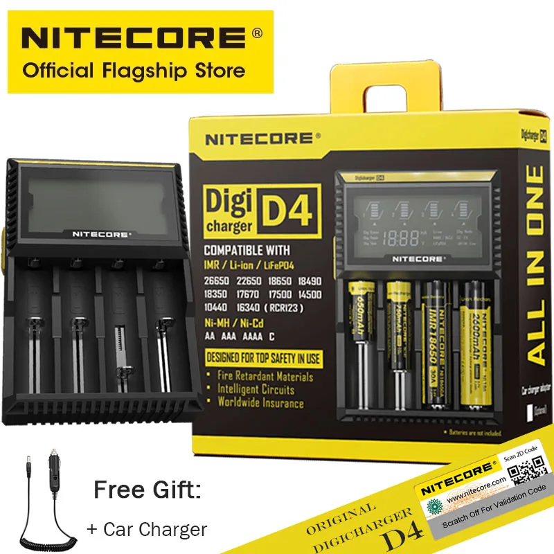 Original NITECORE D4 Digicharger LCD Smart Battery Charger for 18650 14500 16340 26650 A AA AAA Batteries with Free Car Charger