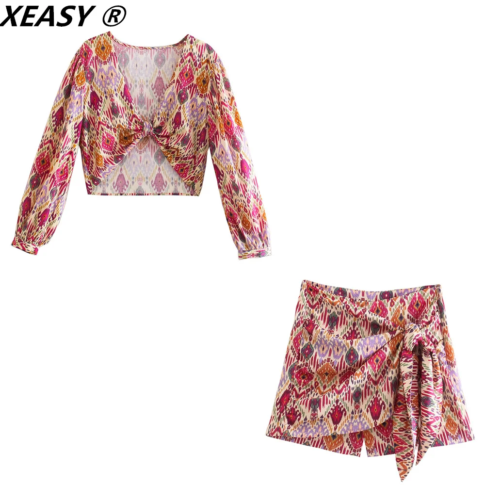 XEASY 2021 Women Two-Piece Set Sexy V-Neck Knotted Print Short Top Vintage High Waist Side Bow Shorts Skirts Female Fashion Sets