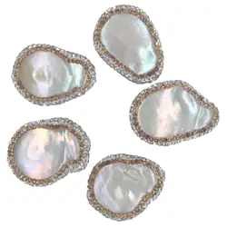 5PCS Freshwater White Pearls Connector Beads Pave Rhinestone Pearl Spacer Beads