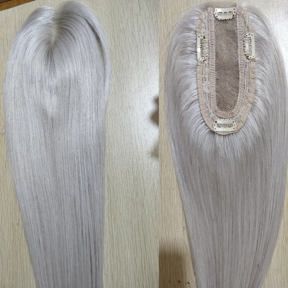 Light Grey Hair Topper Human Hair Hair Pieces 13*15cm 8-16inches Straight Hair lace +Machine Remy Hair Clips for Women Toupee