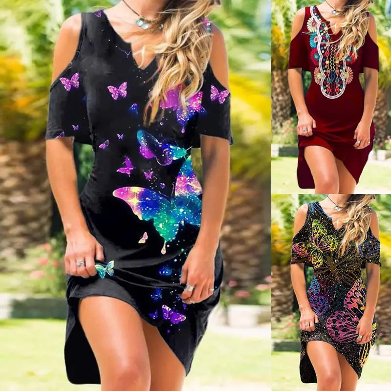 

New Fashion Women Loose Boho Vintage Summer Elegant Befree Sexy Printed Dress Large Big Party Off Shoulder Dresses