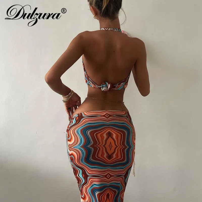 Dulzura Tie Dye Print Women 2 Pieces Halter Crop Top Tanks Midi Skirt Set Bodycon Sexy Streetwear Party Elegant Club 2021 Summer