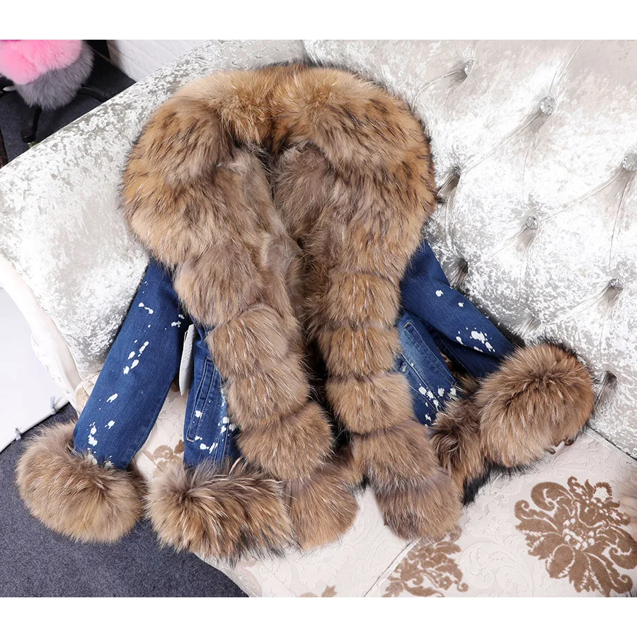 MAOMAOKONG 2020 winter warm detachable fox fur lining denim jacket natural real raccoon fur collar female jacket Women's coat