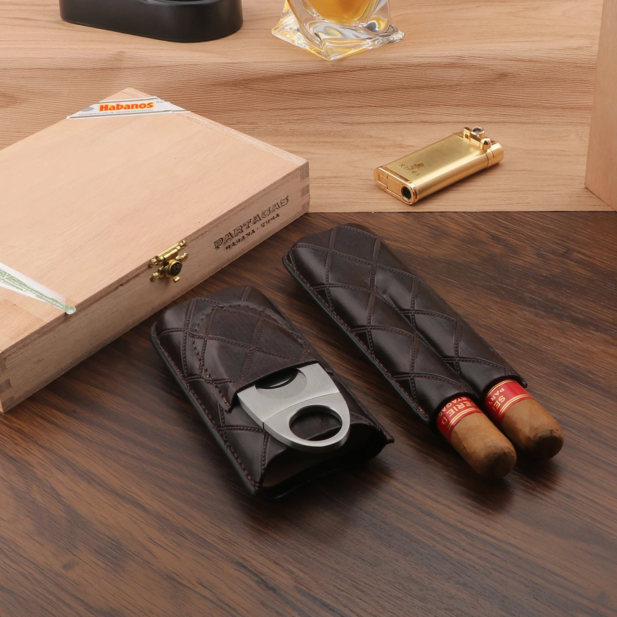 Xifei 2 Slots Leather Cigar Case Set Portable Humidor Box W/ Stainless Steel Cutter Travel Smoking Cigarette Storage Accessories