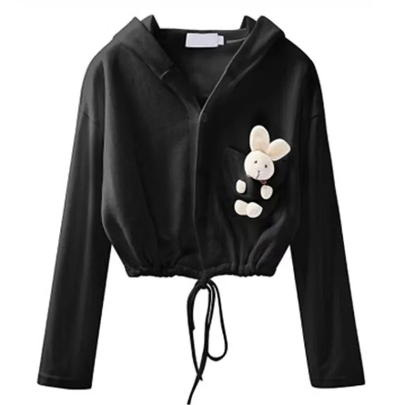 

Ladies Hoodies Cute Bear Cropped Tops Sweatshirts Women Button Hooded Patchwork Hooded Pullovers Blouses Plus Size Black White