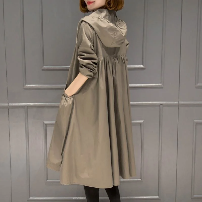 Spring Autumn New Korean Windbreaker Ladies Vintage Loose Large Size Thin Long Trench Coat Women Hooded Top Gabardina Mujer