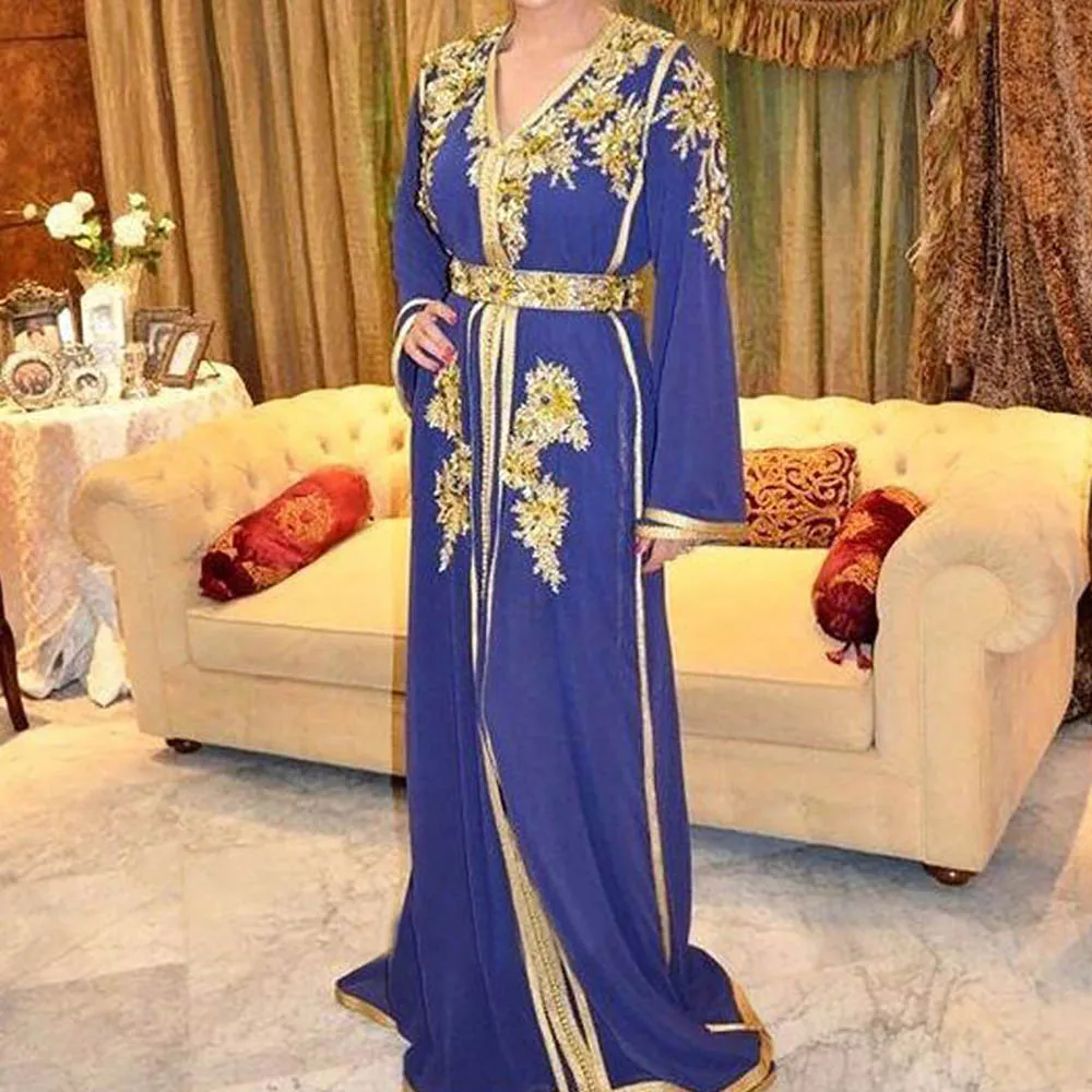 New Customize Muslim A Line Elegant V Neck Evening Dresses Long Appliques Arabic Party Dress Robe De Soiree