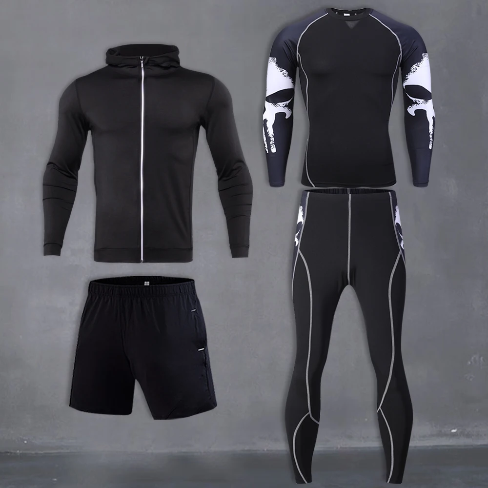 New Men's Gym Running Fitness Kit Compression Pants Shirt Top Long Sleeve Jacket Set 4 PCS Workout Outfit Set