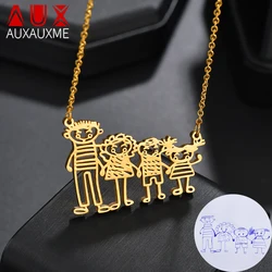 Auxauxme Customized Drawing Necklace Stainless Stee Custom Children's Artwork Pendant for Kids Mom Family Jewelry Gifts