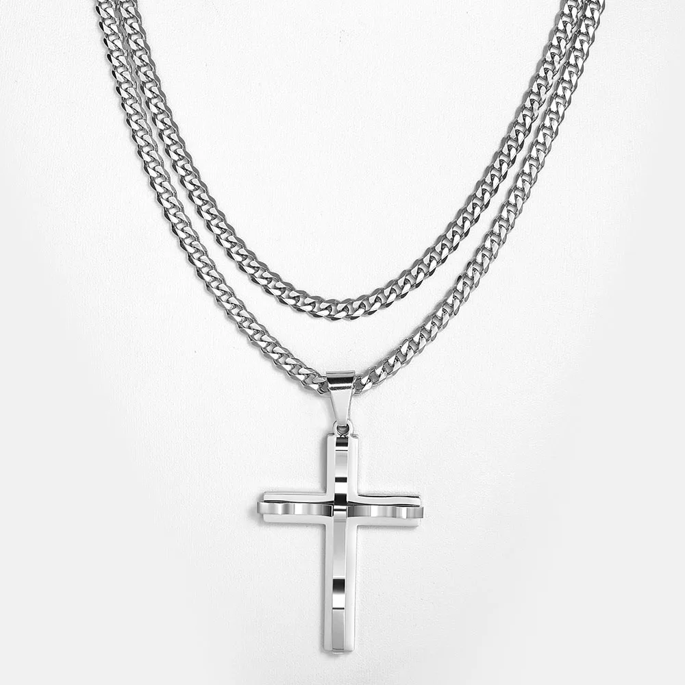 2Pcs Silver Color Cross Pendant Necklace Flat Curb Cuban Stainless Steel Chain For Men Boys Fashion Street Hip Hop Jewelry