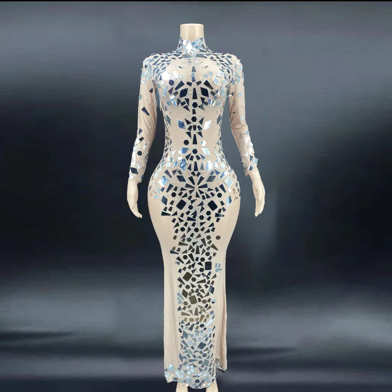 

Shining Silver Mirrors Nude Mesh Transparent Evening Long Sleeves See Through Dress Evening Birthday Celebrate Costume Outfit
