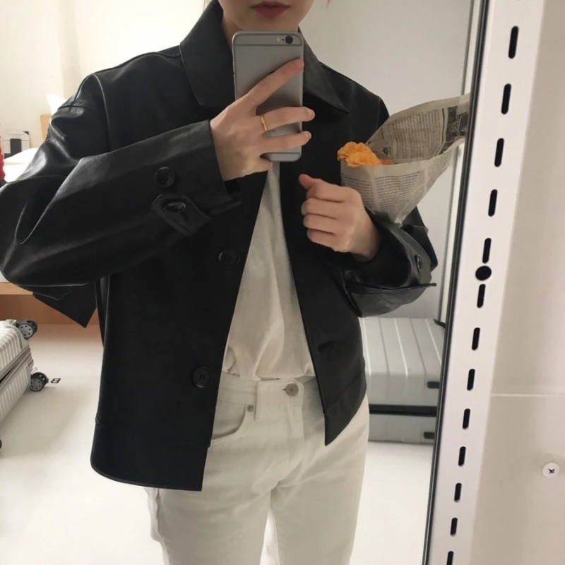 

Korean Spring and Autumn Retro Cool Handsome Collar Pu Matte Long Sleeve Short Black Leather Jacket for Women