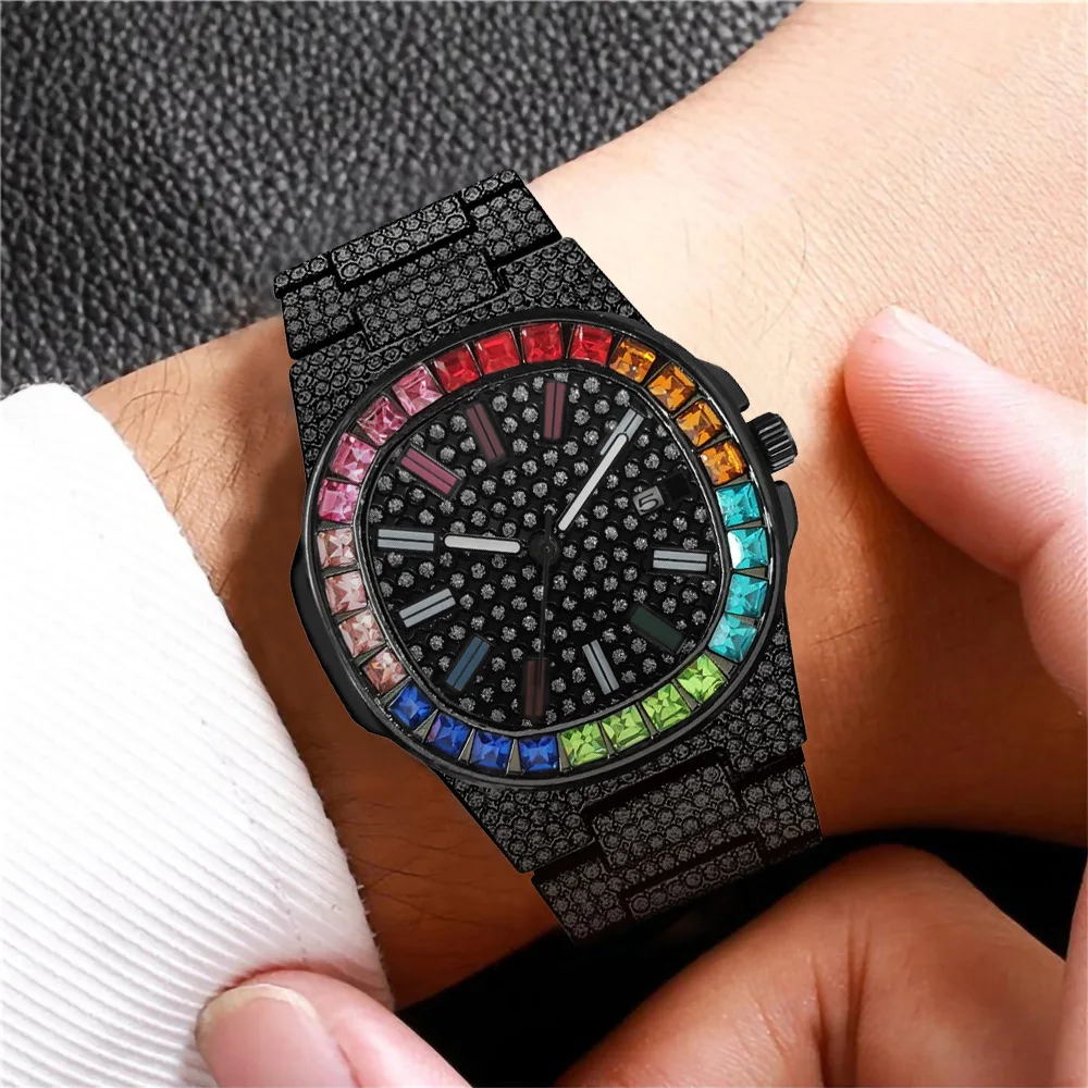 Colorful Diamond Watch Top Brand for Men Women Luxury Iced Out Gold Sliver Mens Watch Calendar Wristwatch Relogio Masculino Gift