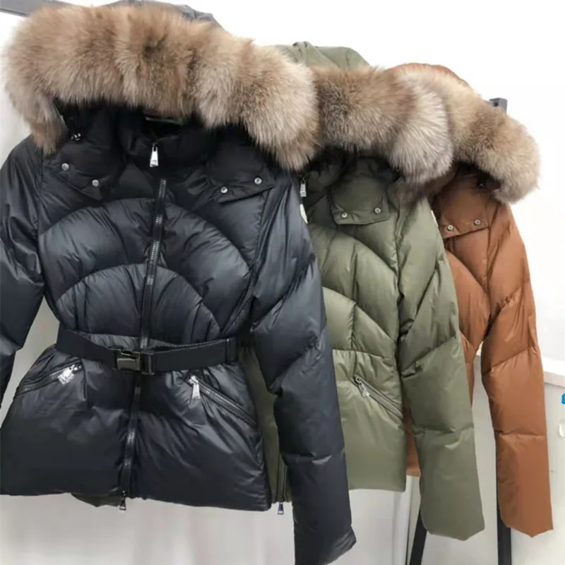 High Quality Women Fashion Hooded Down Jackets Large Fox Fur Collar Light Fluffy Winter Warm Down Coats with Belt Casual Clothes