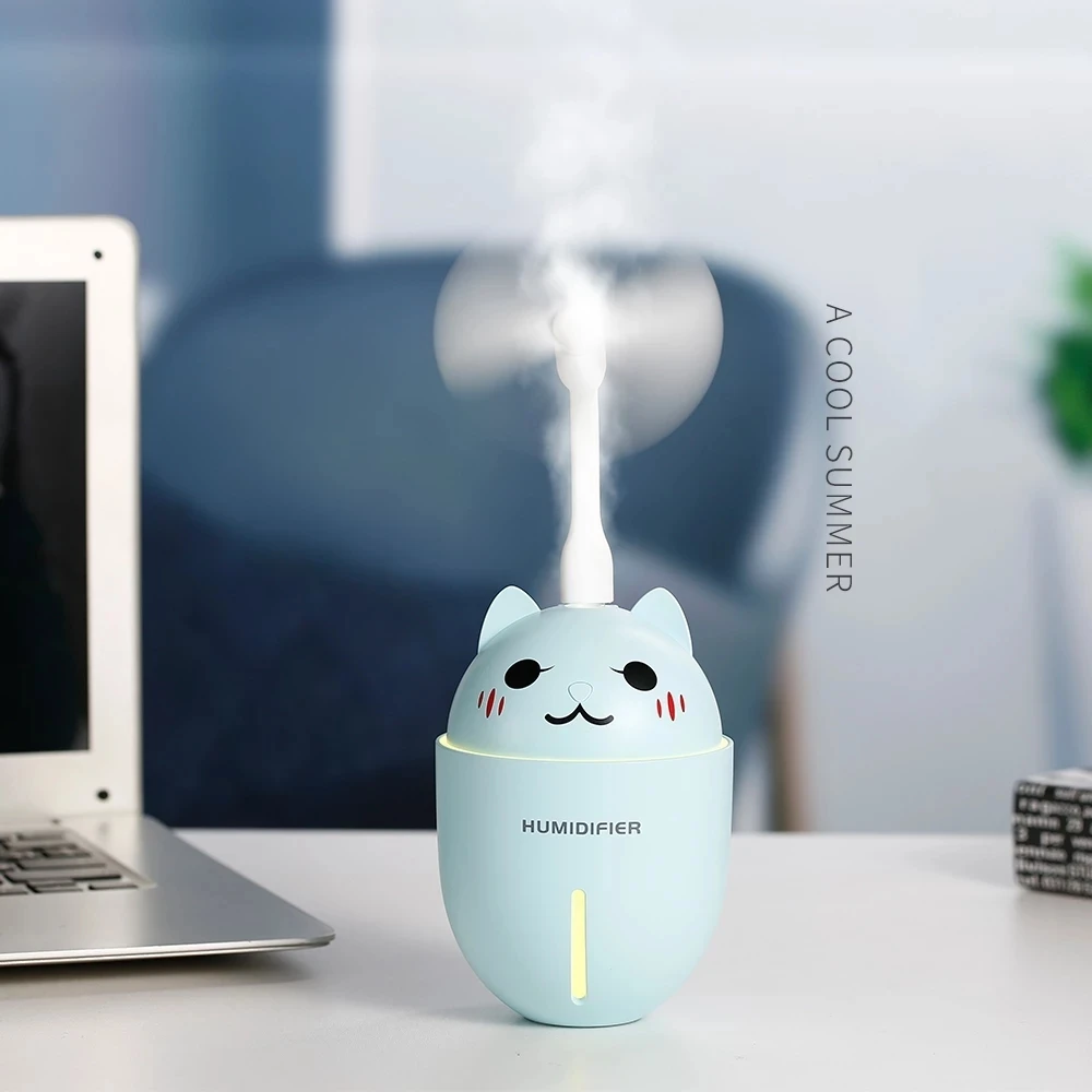 Cute Cat Humidifiers 3 in 1 320ML USB Air Humidifier Ultrasonic Cool-Mist Adorable Pet Mini Humidifier With LED Light USB Fan