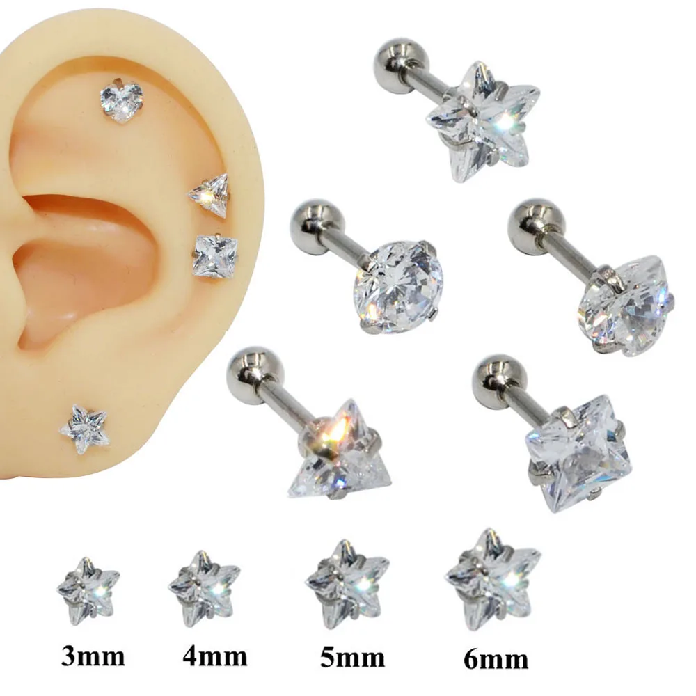 1pcs Surgical Steel Zircon Gem Star Heart Square Triangle Ear Tragus Cartilage Helix Ear Stud Earring Lobe Body Piercing Jewelry