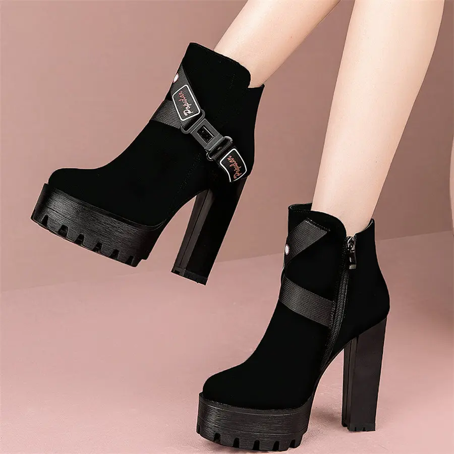 2021 Chunky Platform Pumps Shoes Women Genuine Leather Super High Heels Snow Boots Female Winter Warm Round Toe Motorcycle Boots