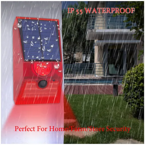 Imagen 2 del producto Luz de alarma con Sensor de movimiento PIR Solar multifunción, Control remoto, sirena de 129dB para el hogar, jardín, cobertizo, caravana, lámpara de seguridad para granja
