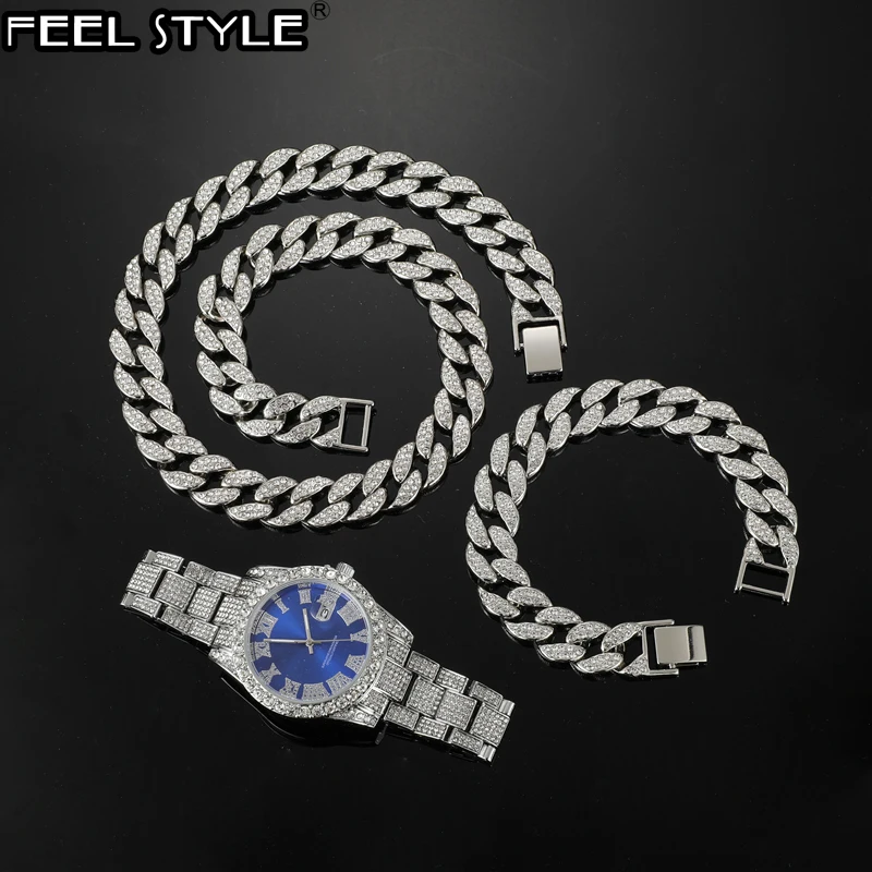 

Hip Hop 15MM 3PCS KIT Watch+Necklace+Bracelet Bling Crystal AAA+ Iced Out Rhinestones Cuban Link Chains For Women Men Jewelry