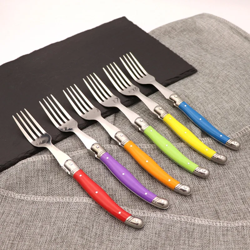 6pcs Laguiole Rainbow Steak Forks Dinner Knives set Colorful Cutlery Table Spoons Stainless Steel Dinnerware kit Household Home