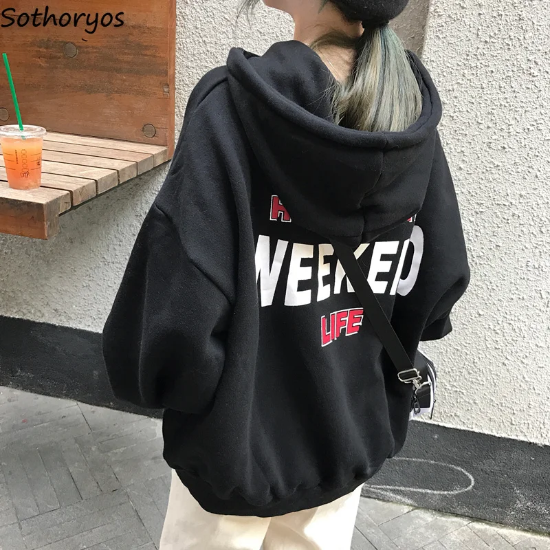 Hoodies Women Letter Printed Loose Hooded Trendy Pockets ThickeningSweatshirts Womens Korean Style Harajuku All-match Chic