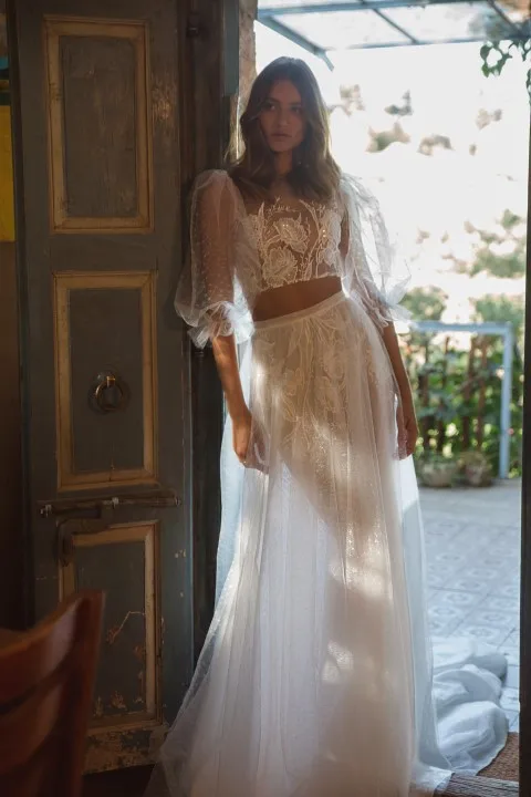 Vestidos de novia de dos piezas, línea A, apliques de encaje, tren de barrido, manga larga, vestido de novia de campo, bohemios A medida, Abiti da spo