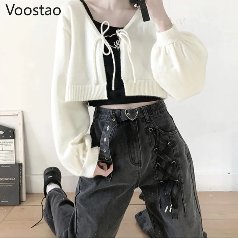 Sweet High Waist Jeans Women Chic Bandage Straight Denim Pants Gothic Streetwear Loose Trousers Female Wide Leg Jeans With Belt