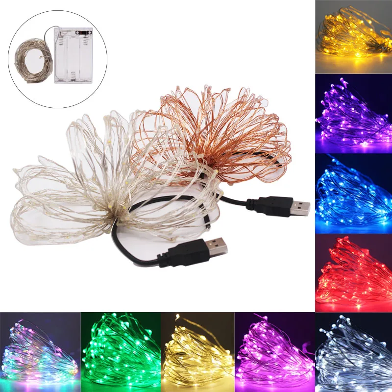 5/10m led luzes da corda prata/fio de cobre guirlanda alimentado por 5v bateria usb luz de fadas casa natal festa de casamento decoração