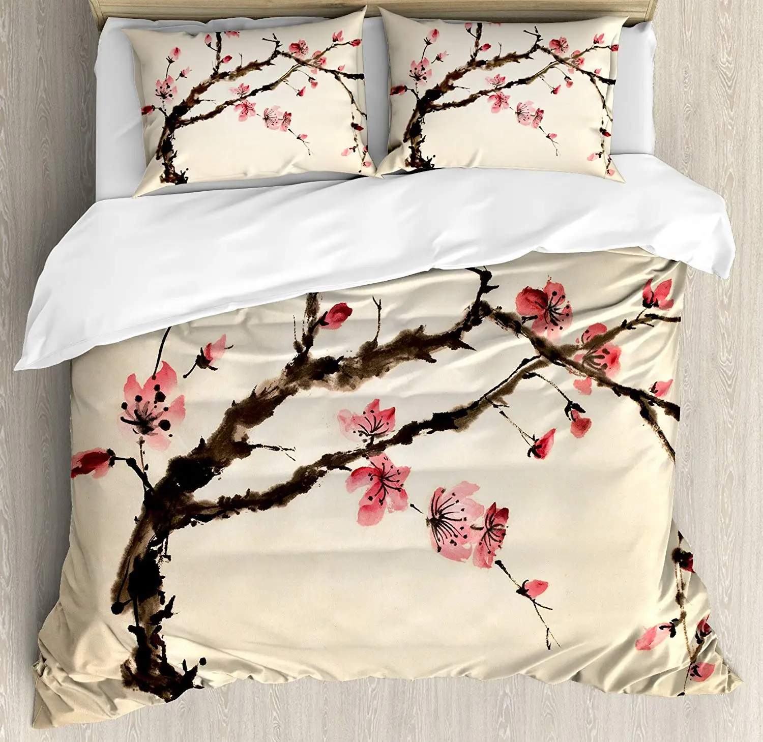 Japanese Duvet Cover Set Queen Size Traditional Chinese Paint of Figural Tree with Details Brushstroke Effects Print Decorative