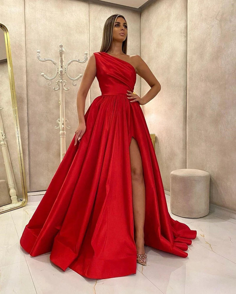 Vermelho um ombro split vestido de baile 2023 feminino formal festa noite vestidos de gala a linha cetim elegante simples longo vestidos de noite