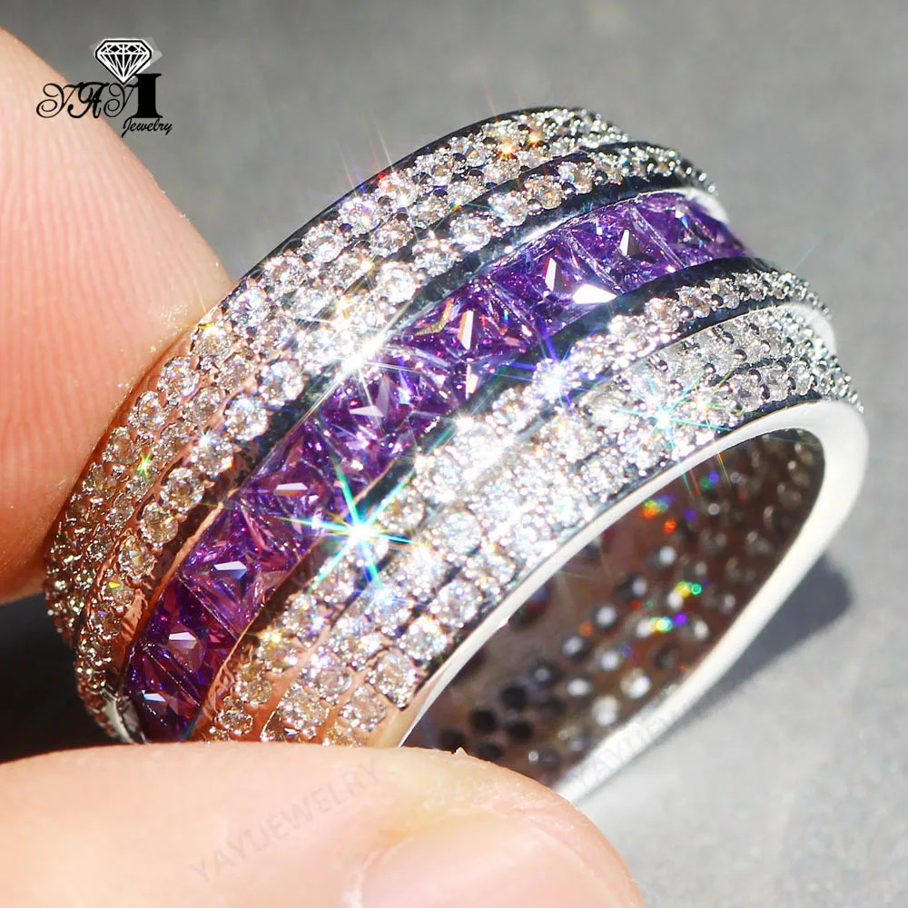 YaYI Jewelry Fashion Princess Cut Prong Setting Purple Cubic Zirconia Silver Color Engagement Wedding Party Leaves Gift Rings