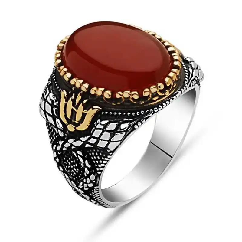 Silver Agate Stone Men's Ring - 925 Sterling Men's Jewelry Wedding Birthday Gift - Box - Agate Stone- For Men - Fashion - Botiva - Size - Turkish - Patterned Embroidery