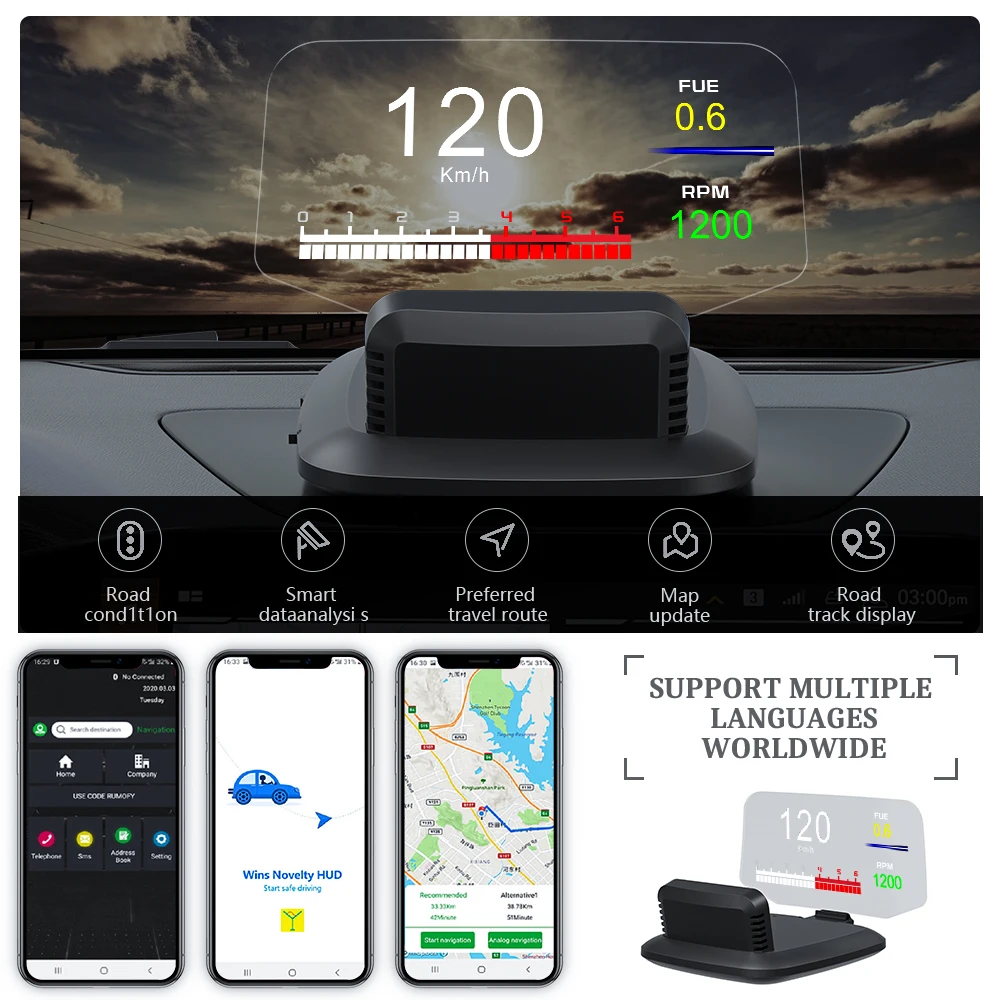 WiiYii C1 Car Navigation projection HUD Bluetooth Connection Auto Head Up Display Multiple interfaces car accessories on screen