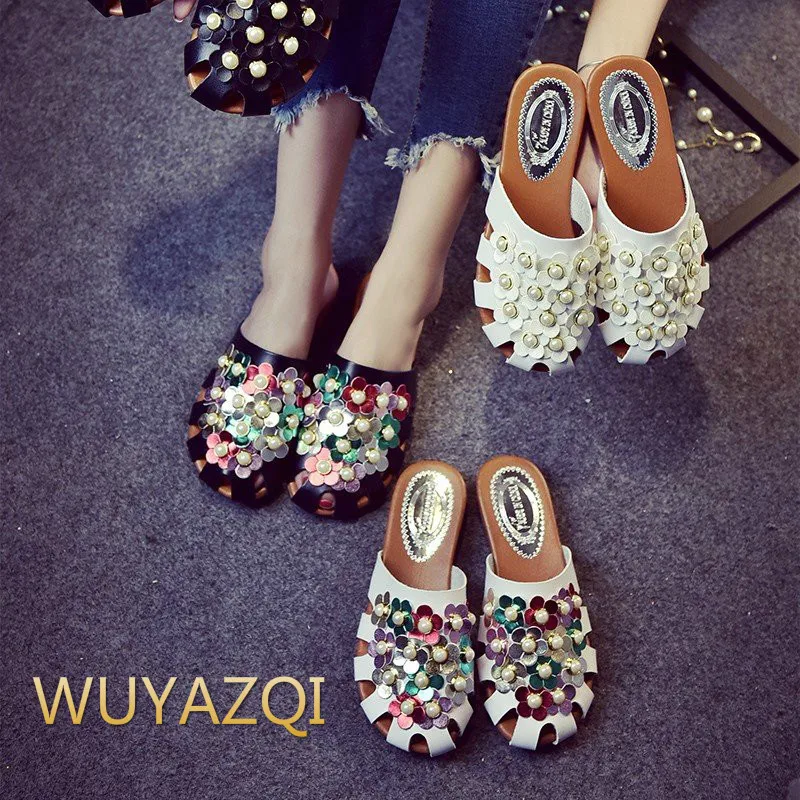 WUYAZQI Summer new  fashion pearl hollow flower  flat bottom sandals and slippers female Baotou  tide wholesale women\'s shoes