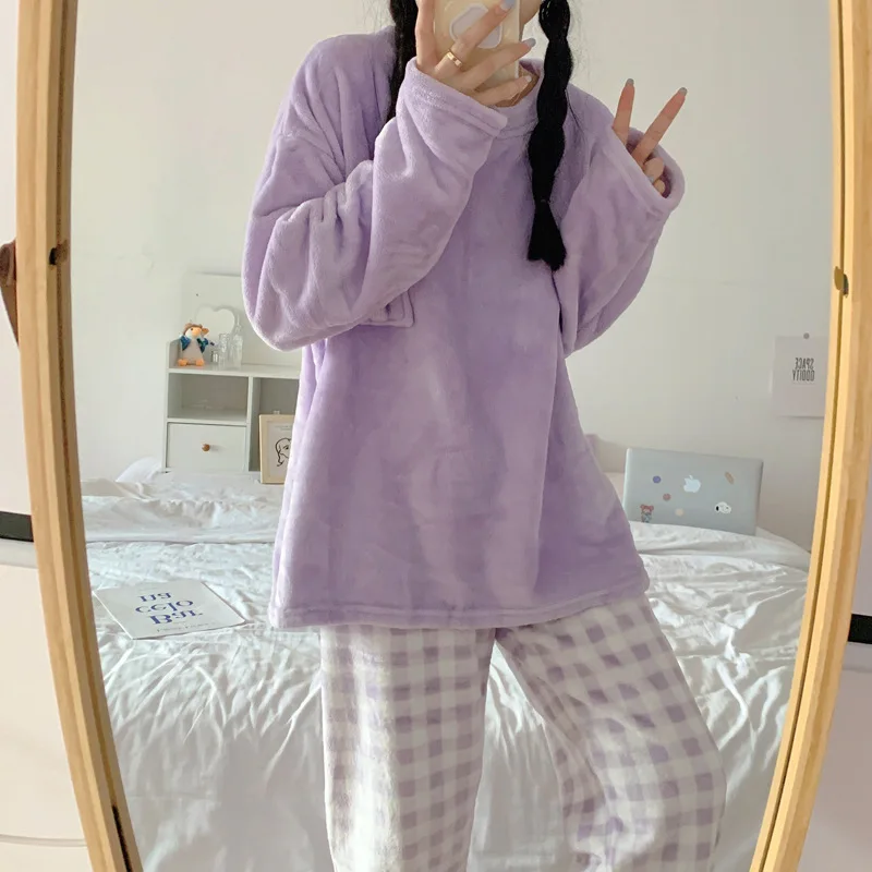 Yasuk Autumn Winter Fashion Women's Casual Lovely Solid Warm Soft Sleepwear Nightgow Loose Pajamas With Pants Flannel Pullover