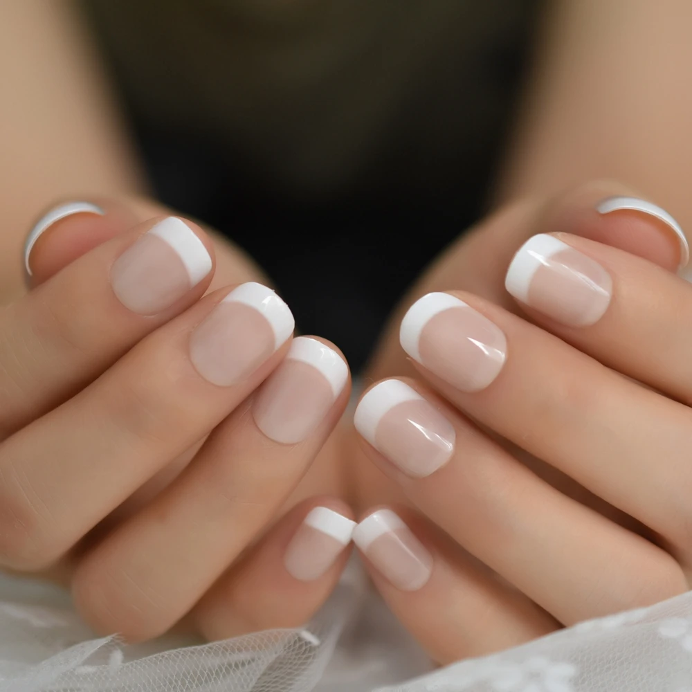 Curto nu natural branco pontas de unhas francesas, unhas postiças, gel de pressão ultra fácil para uso doméstico e de escritório, verão