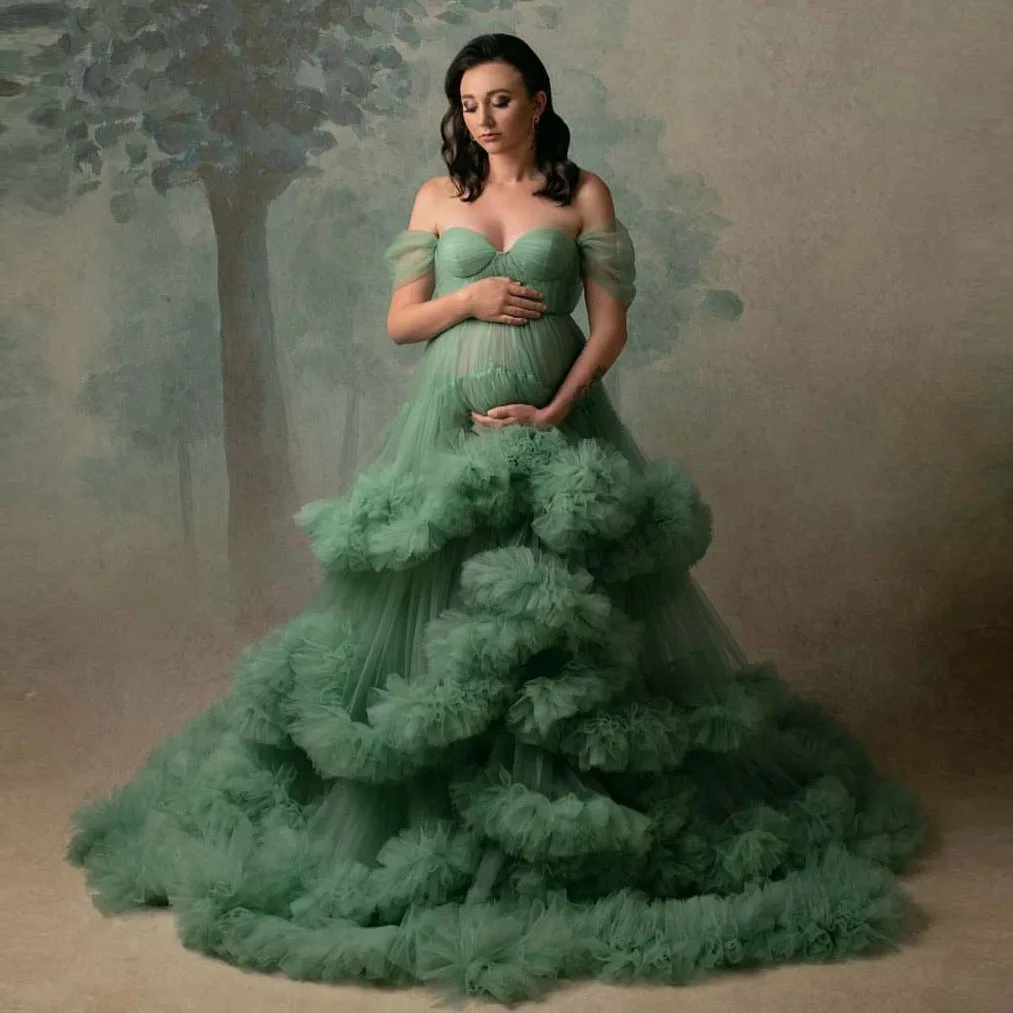 

Sage Green Pregnancy Maternity Gown Photo Shooting Dresses Fluffy Layered Tulle Maternity Dress for Photography Custom