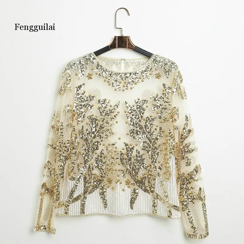 

Fengguilai Sexy Sequined embroidery Rose Flower Shirt shiny Transparent gauze Heavy Beading Blouses