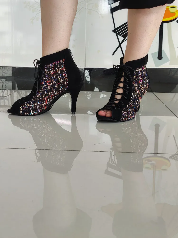 Customized Salsa Jazz Indoor Outdoor Latin Dance Shoes for Dancing Women 8.5cm Heeled Party Dance Shoes Black Latin Dance Boots
