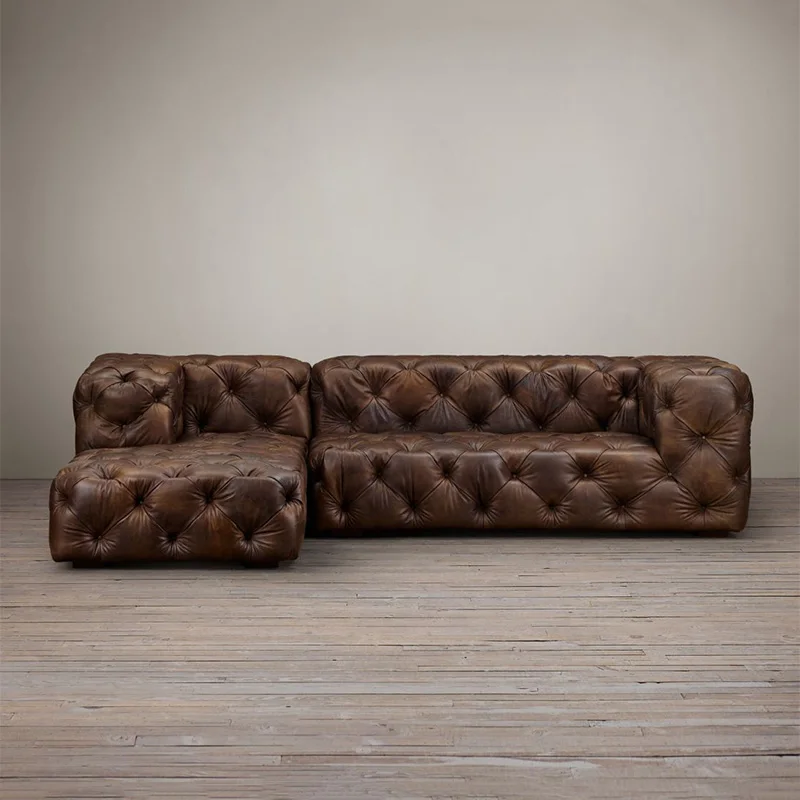 living room Sofa set диван мебель кровать muebles de sala chesterfield chaise + 2 seater genuine leather sofa cama puff asiento