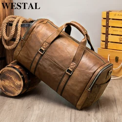 WESTAL-bolsa de viaje de cuero genuino para hombre, bolso grande Vintage de cuero genuino para fin de semana, equipaje de mano, bolsos de hombro para gimnasio, 7415