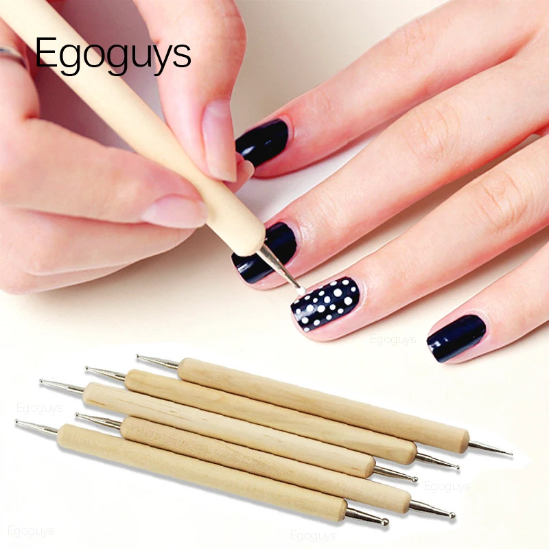 5PCS Two-way Wood Dotting Pen Rhinestones Gem Crystal Picking Nail Art UV Gel Painting Embossing Dotter Manicure DIY Dot Tools