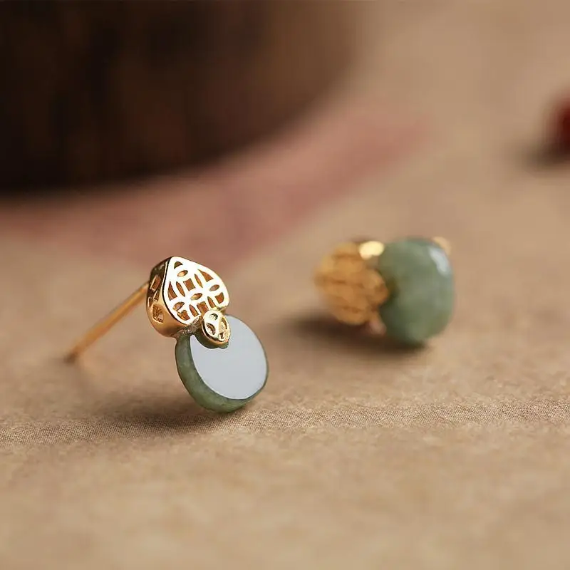 فريدة من نوعها الحرفية الطبيعية Hetian جاسبر القرع الجوف النحاس عملة أقراط النمط الصيني رائعة السيدات العلامة التجارية مجوهرات