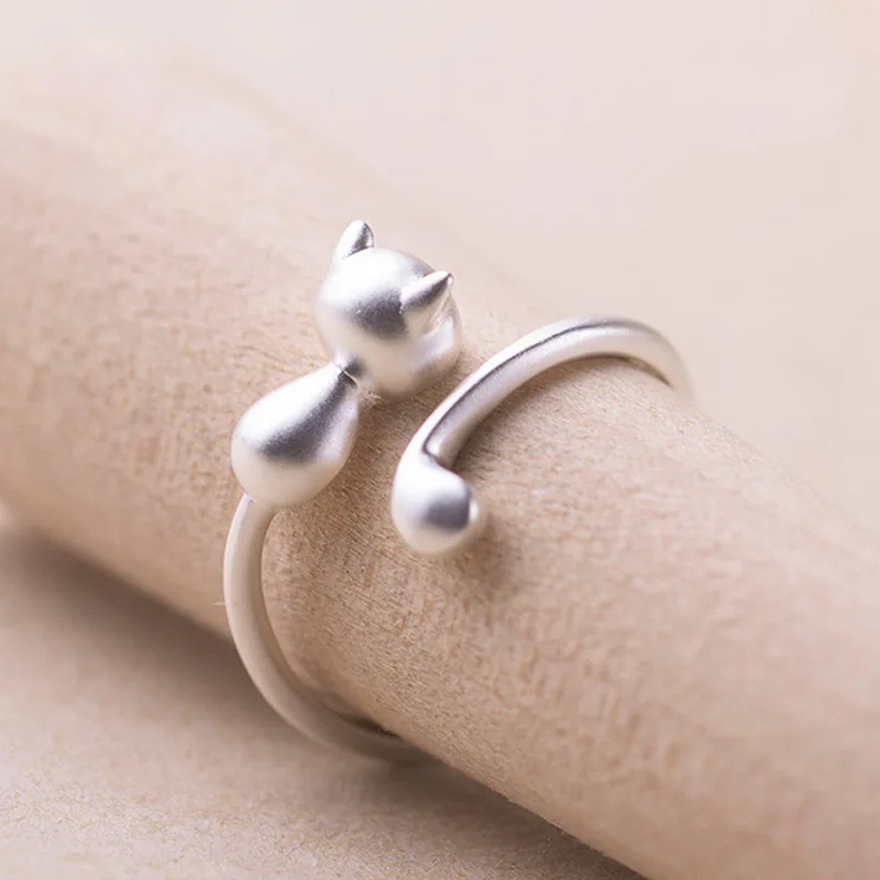 Cute Lifelike Cat Opening Rings For Women Trendy Silver Color Adjustable Female Jewelry Birthday Party Child Gifts