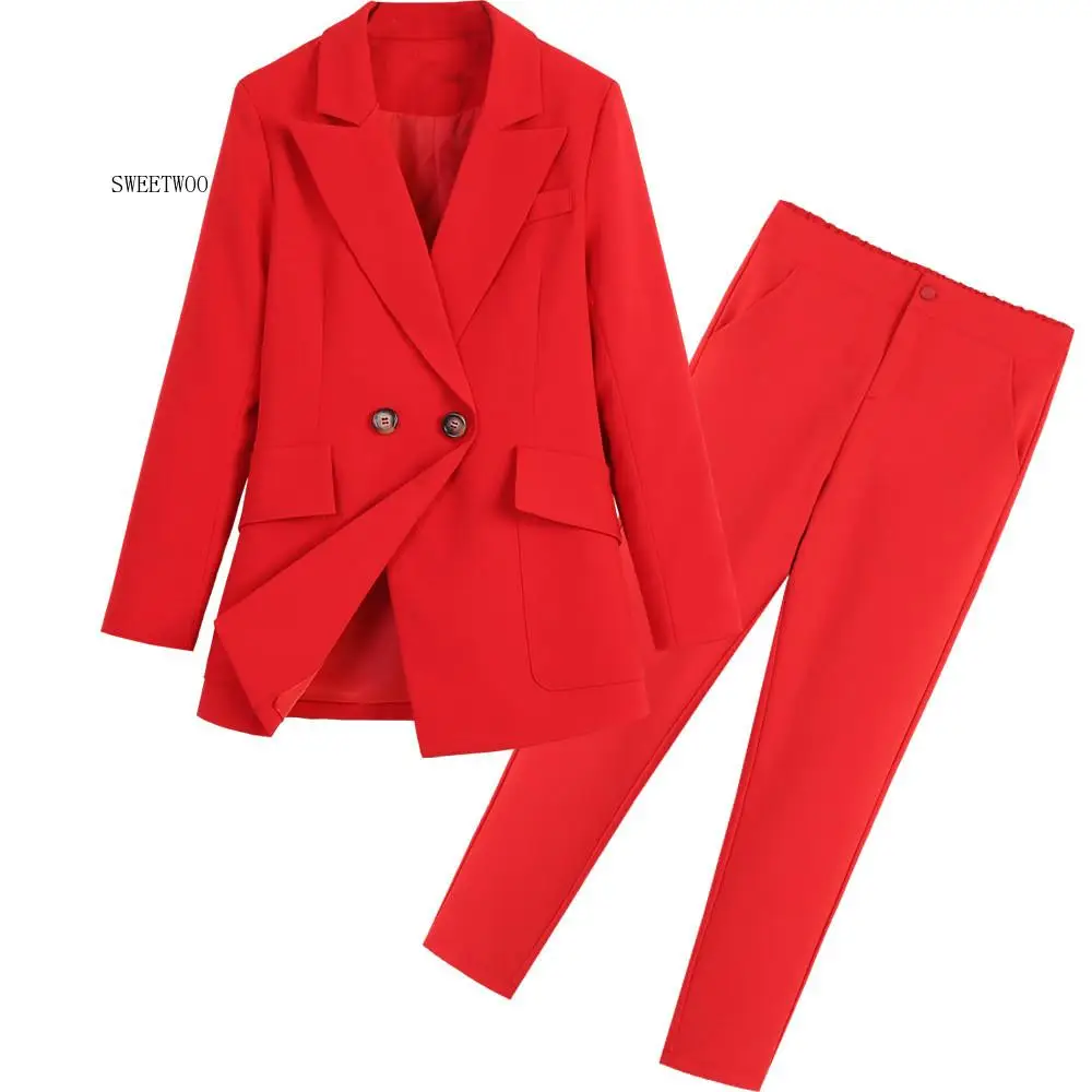 M-5XL Ukuran Besar Jas Wanita Celana Set Baru Musim Gugur dan Musim Dingin Kasual Profesional Merah Jaket Blazer Kasual Celana Set dari Dua